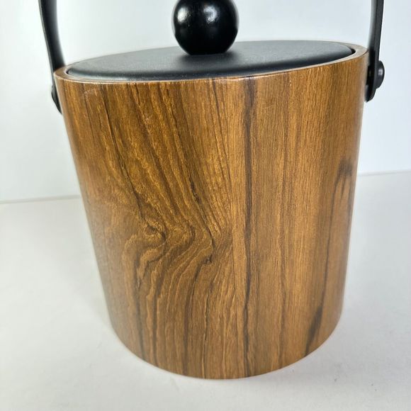 Vintage 1960s Ice Bucket Brown Vinyl Wood Tones Kraftware - Picture 2 of 8